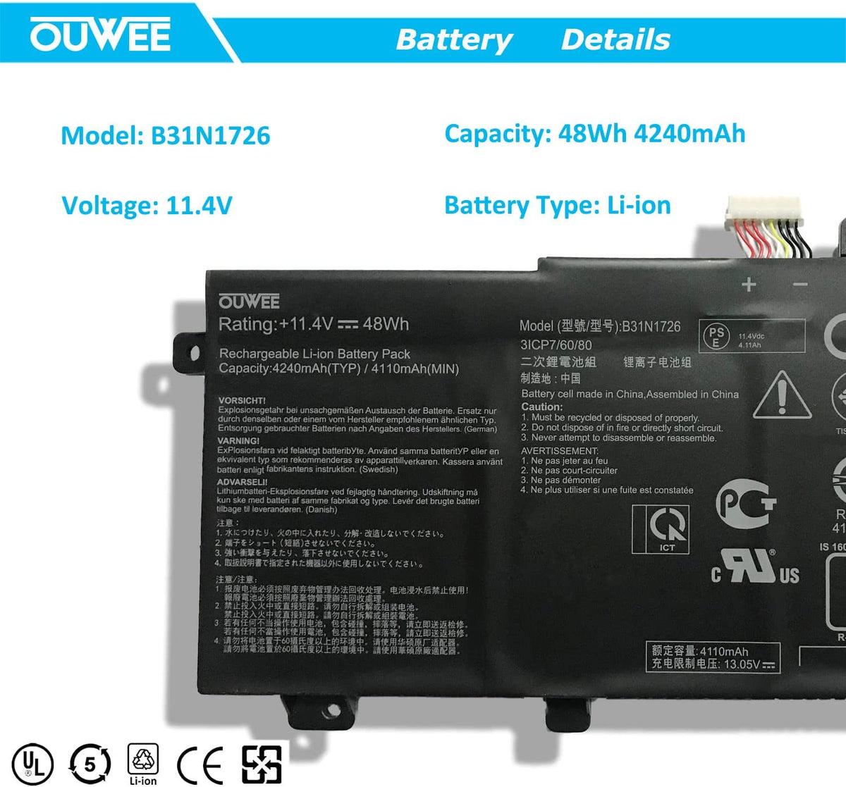 OUWEE B31N1726 Laptop Battery Compatible with Asus FX80 FX86 TUF FX504 FX504GE 48Wh(Shape-A) new