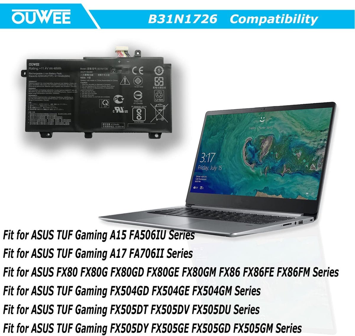 OUWEE B31N1726 Laptop Battery Compatible with Asus FX80 FX86 TUF FX504 FX504GE 48Wh(Shape-A) new