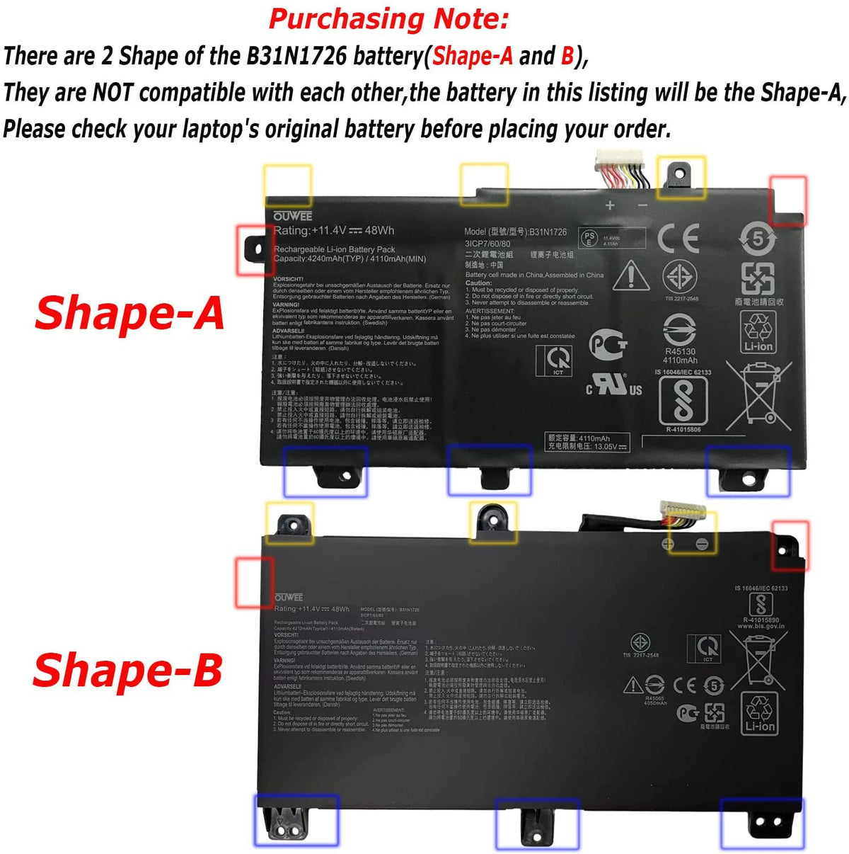 OUWEE B31N1726 Laptop Battery Compatible with Asus FX80 FX86 TUF FX504 FX504GE 48Wh(Shape-A) new