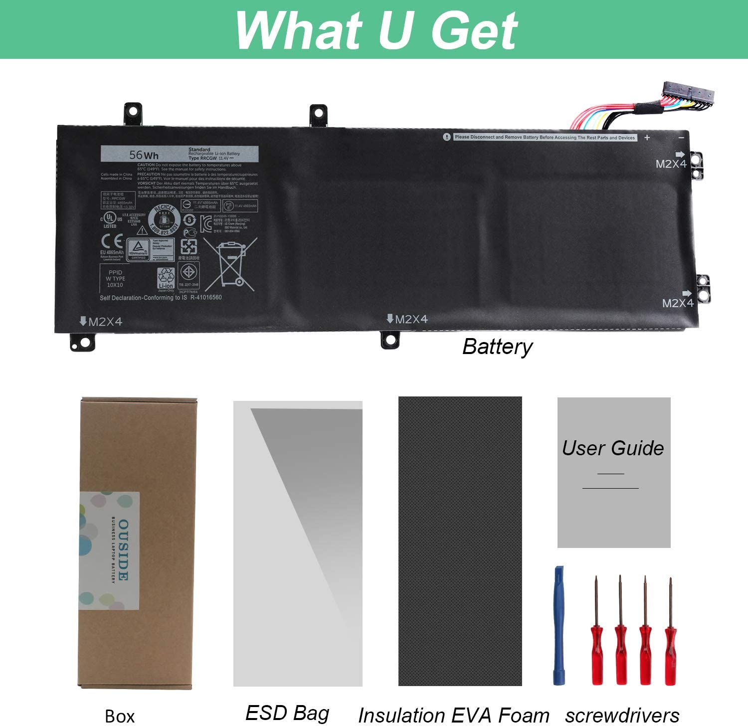 RRCGW Laptop Battery (56Wh) Compatible with DELL XPS 15 9550, Precision 5510 Series P56F P56F001 62MJV M7R96 0RRCGW 062MJV 11.4V 3-Cell - Image 3