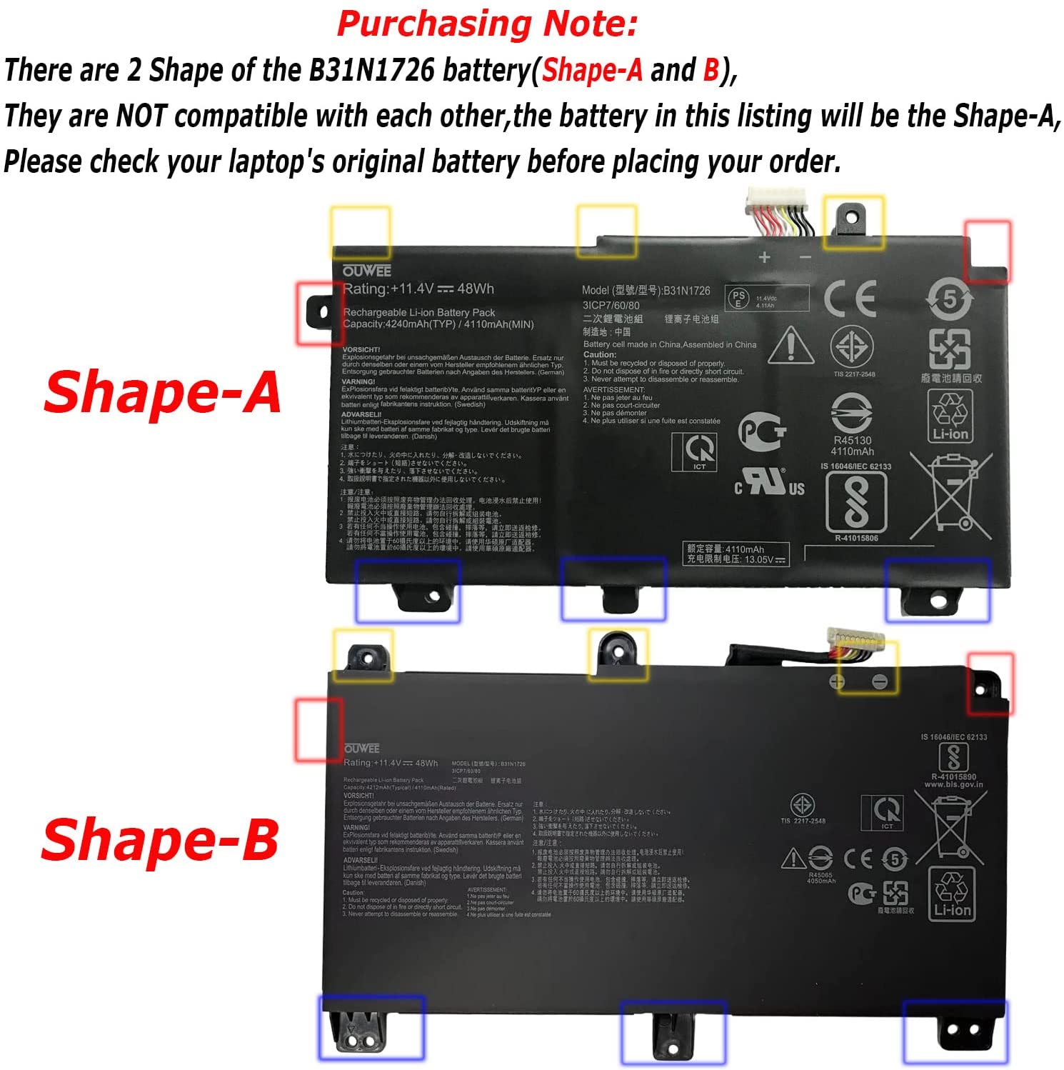 OUWEE B31N1726 Laptop Battery Compatible with Asus FX80 FX86 TUF FX504 FX504GE FX504GM FX505 FX505DT FX505DY FX505GE FX505GD 48Wh(Shape-A) - Image 6