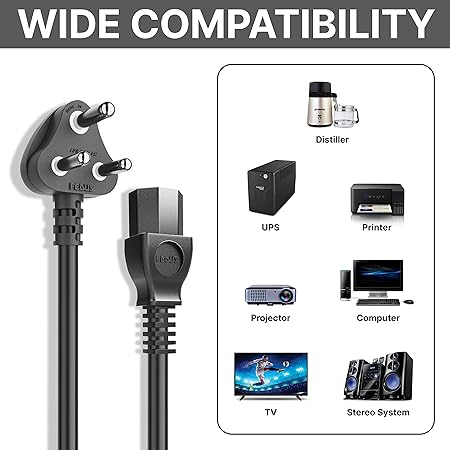 WMart New 1.5M Power Cable, Plug IEC Computer Mains Power Cable Cord for Desktop 3 pin Power Cable for PC, Power Cable for Monitor SMPS and Printer, Power Supply, TV - Image 4