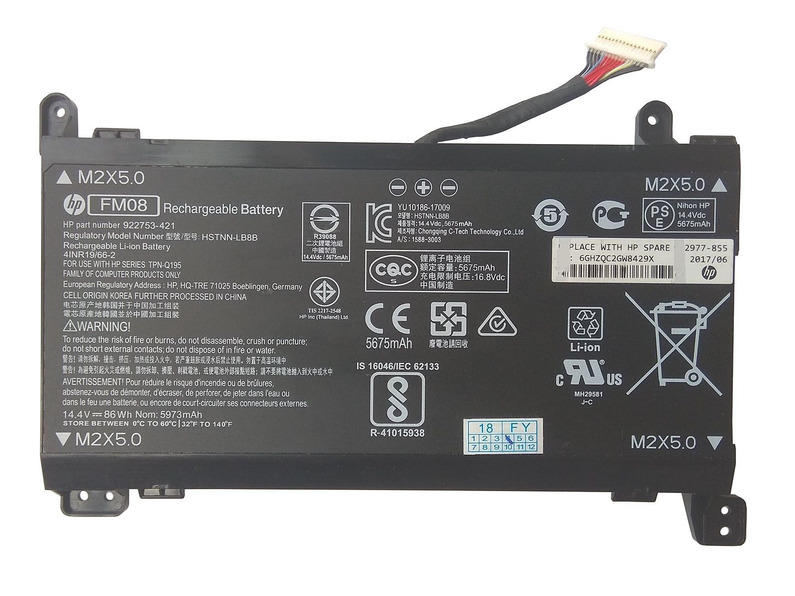 14.4V 86Wh 5675mAh HP original FM08 Laptop Battery compatible with HP Omen 17-an014ng HSTNN-LB8B 922753-421 922977-855 Series 16 Cables